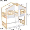 Twin over Twin House Bunk Bed with Roof, Window, Window Box, Door, with Safety Guardrails and Ladder, Natural/White