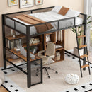 Full Size Metal Loft bed with Built-in Desk, Wardrobeand Shelves, Black(ETA:1.23)