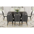Black Marble Pattern Tempered Glass Dining Set - 71'x35.4' with 8 White and dark gray spliced PU Chairs With a Widened Backrest Design.