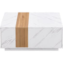 Modern 35.4 x 23.6 Inch Two-tone Coffee Table with Faux Marble and Walnut Wood Grain Finish, Rectangular Center Table with 2 Storage Drawers, Practical Cocktail Table for Living Room, White
