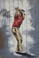 3D Metal Golfer Cutout on Wood Canvas - Hanging Wall Art Painting Mixed Media