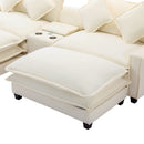 Chenille Upholstered Sectional Sofa with Removable Ottoman, USB Ports, Cup Holders, and Storage, Beige, 111'