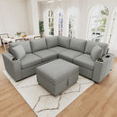 Multi-Functional Sectional Sofa Convertible Pull-out Bed with Storage Ottoman, USB Ports, Cup Holders, Chenille, Gray, 84.7'