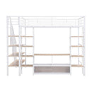 Full Size Metal Loft Bed with Staircase,Low Storage Table and Storage Shelves,White