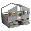 Full Size House Loft Bed with Roof, Windows,4 Storage Drawers,Pine Wooden Bed with Safety Guardrails,Ladder,Grey