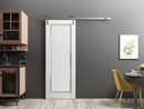 Planum 0888 Painted White Barn Door with Frosted Glass and Silver Rail