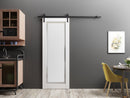 Planum 0888 Painted White Barn Door with Frosted Glass and Black Rail