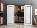 Planum 0888 Painted White Double Barn Door with Frosted Glass and Black Rail