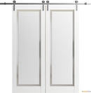Planum 0888 Painted White Double Barn Door with Frosted Glass and Silver Rail