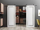 Planum 0888 Painted White Double Barn Door with Frosted Glass and Silver Rail