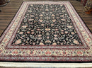 Pak Persian Rug 9x12, Floral Allover, Hand Knotted Oriental Carpet 9 x 12 ft, Black and Cream, Detailed, Wool with Silk Highlights, Vintage