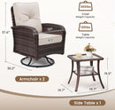 Two Outdoor Swivel Wicker Glider Patio Chairs With Table Set Brown Rattan And Beige Cushions