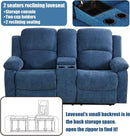 Blue Linen Recliner Sofa Set With Drop Down Table Storage