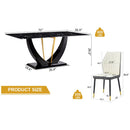 Black Marble Pattern Tempered Glass Dining Set - 71'x35.4' with 8 White and dark gray spliced PU Chairs With a Widened Backrest Design.