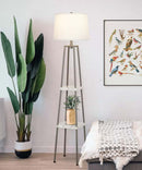 Cresswell 58"H  Silver Metal Etangere Floor Lamp, Gray Shelves and White Linen Drum Shade