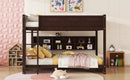 Queen Over Queen Bunk Bed with Built-in Storage Cabinets,Charging Station,Ladder,Safety Guardrails,Solid Pine Wood Bunk Bed,Brwon