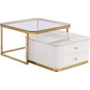 Modern 2 Pieces White Square Nesting Coffee Table with Drawers & Electroplated gold legs in 27.6"