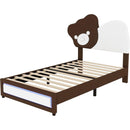Full Size Upholstered Platform Bed with Bear Shaped Headboard, LED Light Strips, White + Brown