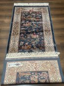 Turkish Silk Rug 2.6 x 6.7, Short Runner Rug, Blue & Ivory, Bamboo Silk, New