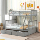 Wooden Twin Over Full Bunk Bed with Storage Drawers, Ladder, and Safety Guard Rails in Grey