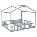 Double Twin House-Style Floor Bed with Fence, Guardrails, without door, Grey(Old Sku:W504P143316)