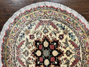 Silk Persian Tabriz Round Rug 3x3 ft, Very Fine Hand Knotted Carpet 380 KPSI, Cream & Gold, Bird Pictorials, Floral, Rare