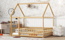 Full Size House Floor Wooden Bed with Roof Frame, Safety Guardrails,Natural