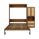 Full Size Solid Wood With Rattan Murphy Bed Cabinet Space-Saving Bed with 1 Side Cabinet Storage Shelf, Perfect for Guest Room, for Bed Room, Guest Room, Home Office, Walnut