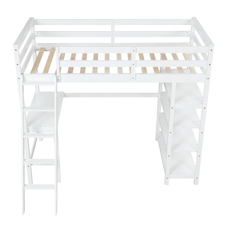 Twin Loft Bed with desk, ladder, shelves, White