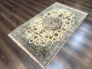 Persian Isfahan Rug 3x5, Fine 310 KPSI, Kork Wool Silk Foundation, Cream & Light Green