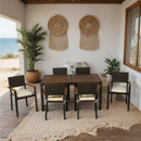 7 piece Outdoor Patio Wicker Dining Set Patio Wicker Furniture Dining Set w/Acacia Wood Top Brown Wicker + Cream Cushion