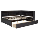 Full Size L-shaped Bookcases Bed with Power Outlets, USB Charging Ports,Two Drawers,Espresso