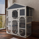 Gray Wooden Catio Outdoor Cat house Enclosure with Waterproof Top, 3 Platforms & 2 Napping House Small Pet Animal Cage
