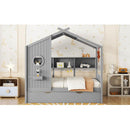 Wooden Twin Size House Bed With Trundle, Modern Design for Kids with Storage Shlef, Gray