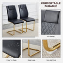 Table and chair set.Large modern rectangular table with 0.4 inch patterned glass tabletop and large MDF table legs.Comes with 8 chairs with faux leather cushioned seats and golden metal legs.
