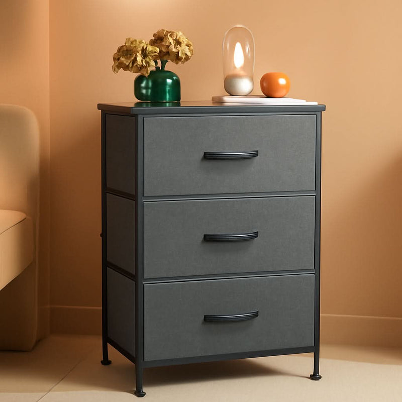 Dark Grey Dresser With 3 Drawers, Steel Frame, Wood Top