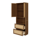 Full Size Solid Wood With Rattan Murphy Bed Cabinet Space-Saving Bed with 2 Side Cabinet Storage Shelves, Perfect for Guest Room, for Bed Room, Guest Room, Home Office, Walnut
