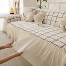 Grid Sofa Cover with Ruffle Skirt – Soft, Decorative, Full-Cover Couch Protector