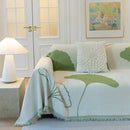 Cozy Couch Throw Blanket with Tassels, Jacquard Leaf Pattern Furniture Protector