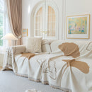 Cozy Couch Throw Blanket with Tassels, Jacquard Leaf Pattern Furniture Protector