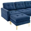 Elegant Convertible L-Shape Sectional Sofa Couch with Movable Ottoman, Velvet Upholstery, Blue