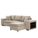 Modern L-Shape 3 Seat Reversible Sectional Couch with Pull Out Sleeper, Storage Chaise & 2 Stools, Cream, Linen Chenille
