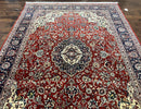 Fine Sino Persian Rug 7x10 ft, Floral Central Medallion Oriental Carpet, Red Navy Blue Cream, Hand Knotted Wool Traditional Vintage Rug