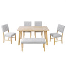 6PCs Dining Room Table Set, Rustic Farmhouse Dining Room Rectangular Table with 4 Upholstered Chairs and Bench, Solid Wood Kitchen Dining Table Set for 6 Persons