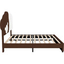 Full Size Upholstered Platform Bed with Bear Shaped Headboard, LED Light Strips, White + Brown