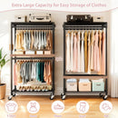 Heavy Duty Rolling Clothes Rack with 3 Tier Shelves, 2 Rails & Side Hooks, Adjustable Freestanding Organizer, Black Metal