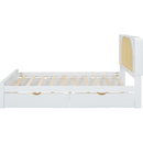 Queen Size Rattan Headboard Bed with Two Drawers and Trundle, White