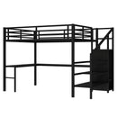 Queen Size Loft Bed with L-shaped Desk and USB, Metal Loft Bed with Wardrobe and Adjustable Shelf, High Loft Bed with LED for Kids Teens Adults, Black