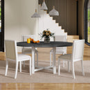 TREXM 5-Piece Extendable Dining Table Set for 4, Round Dining Table for 4 with Upholstered Chairs, Farmhouse Kitchen Table Set with Removable Leaf for Dining Room and Kitchen (Grey+White)