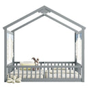 Double Twin House-Style Floor Bed with Fence, Guardrails, without door, Grey(Old Sku:W504P143316)